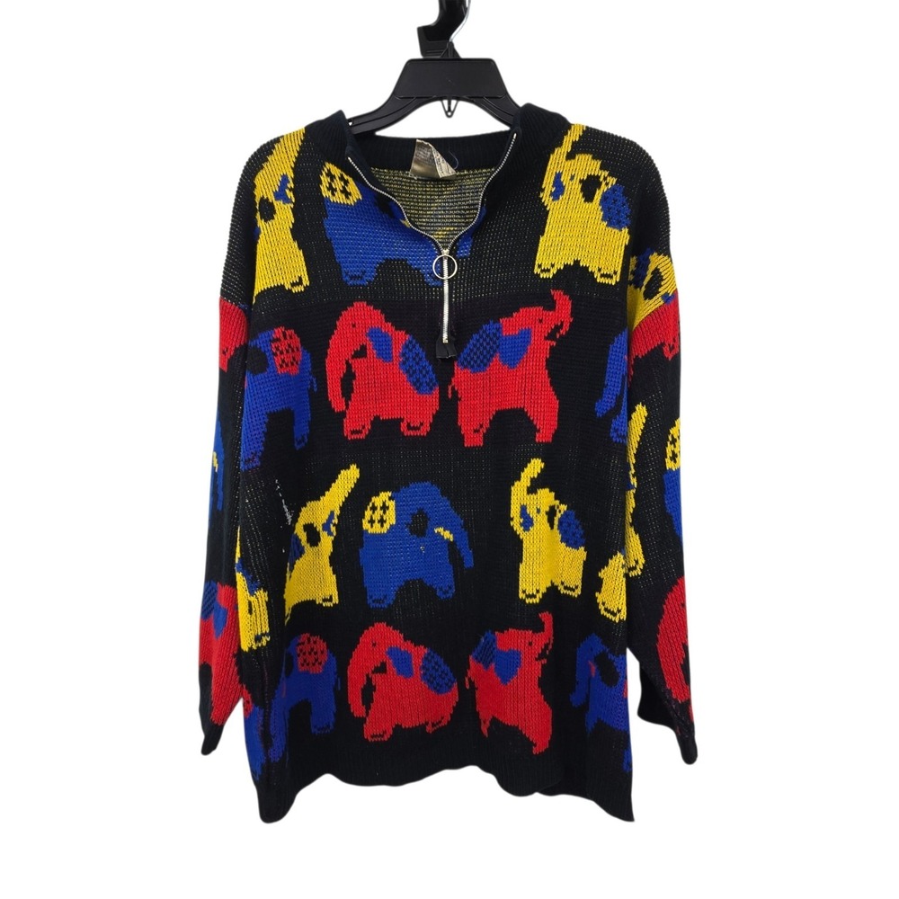 Vintage 80s Elephant Mod Sweater Women Size 40 XL Colorful Mod Hip Graphic Korea